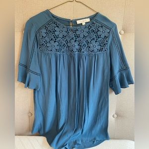 Gorgeous cornflower blue blouse with floral crochet detail from LOFT!